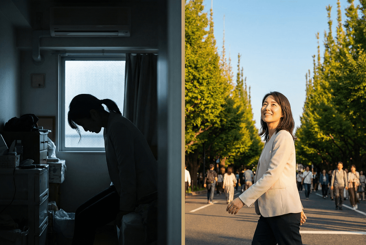 Before:不安そうな表情のシルエット。After:前を向いて歩く明るいシルエット、晴れ渡った空。