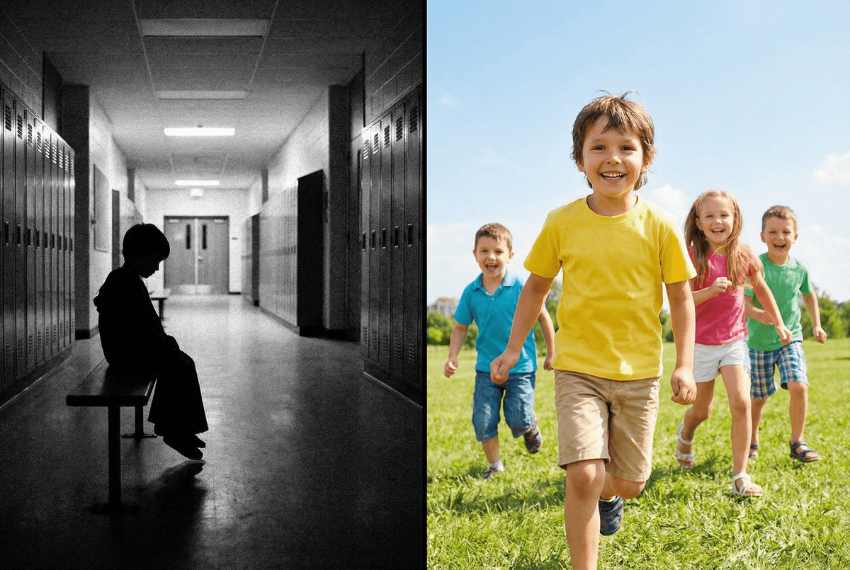 Before:不安で暗い表情の子供のシルエット。After:笑顔で元気に登校する様子を表現した明るいイメージ。