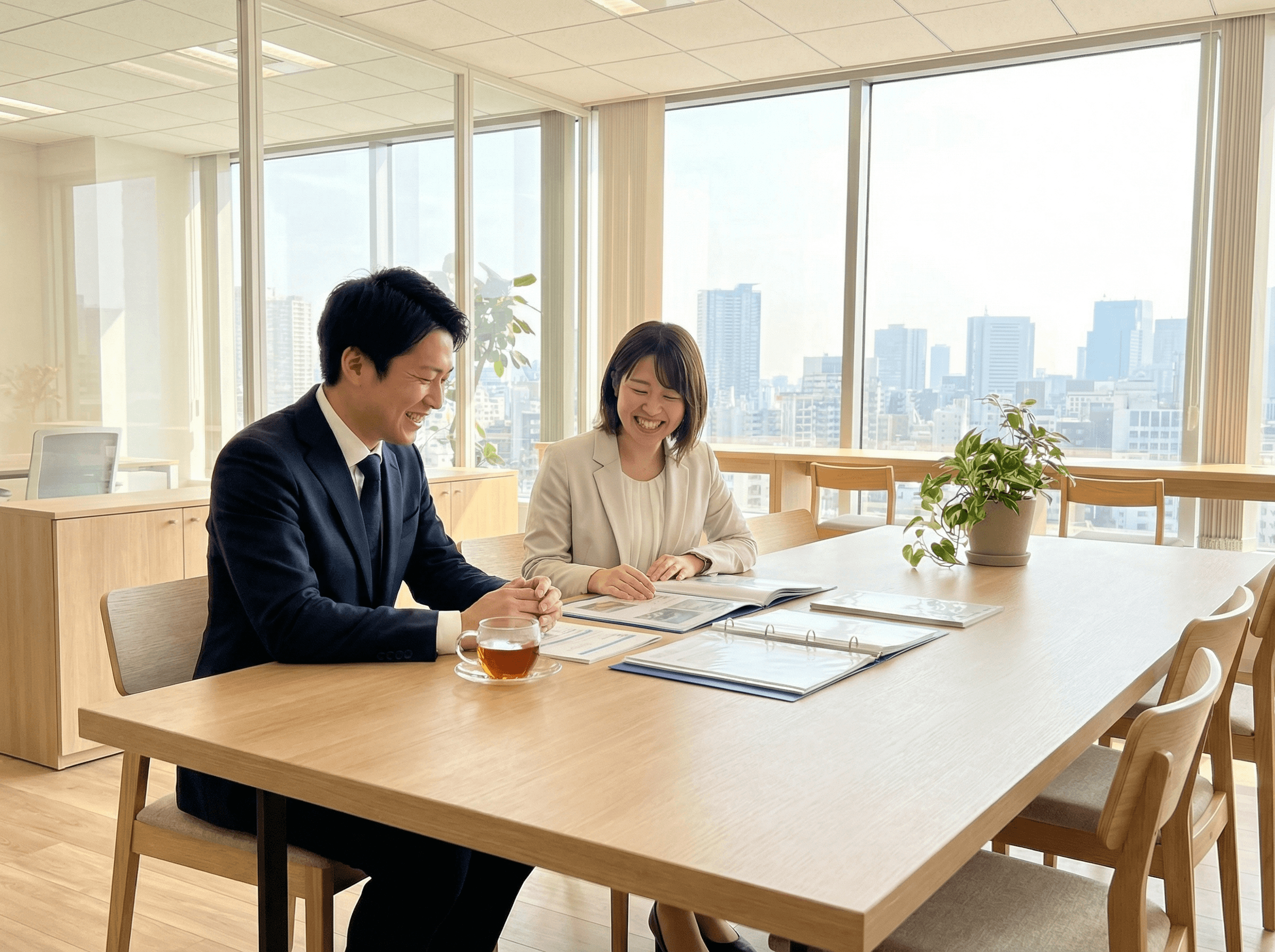 見積書と電卓を持ち、笑顔で対話するスタッフと依頼者のイラスト。透明性・安心感を強調。