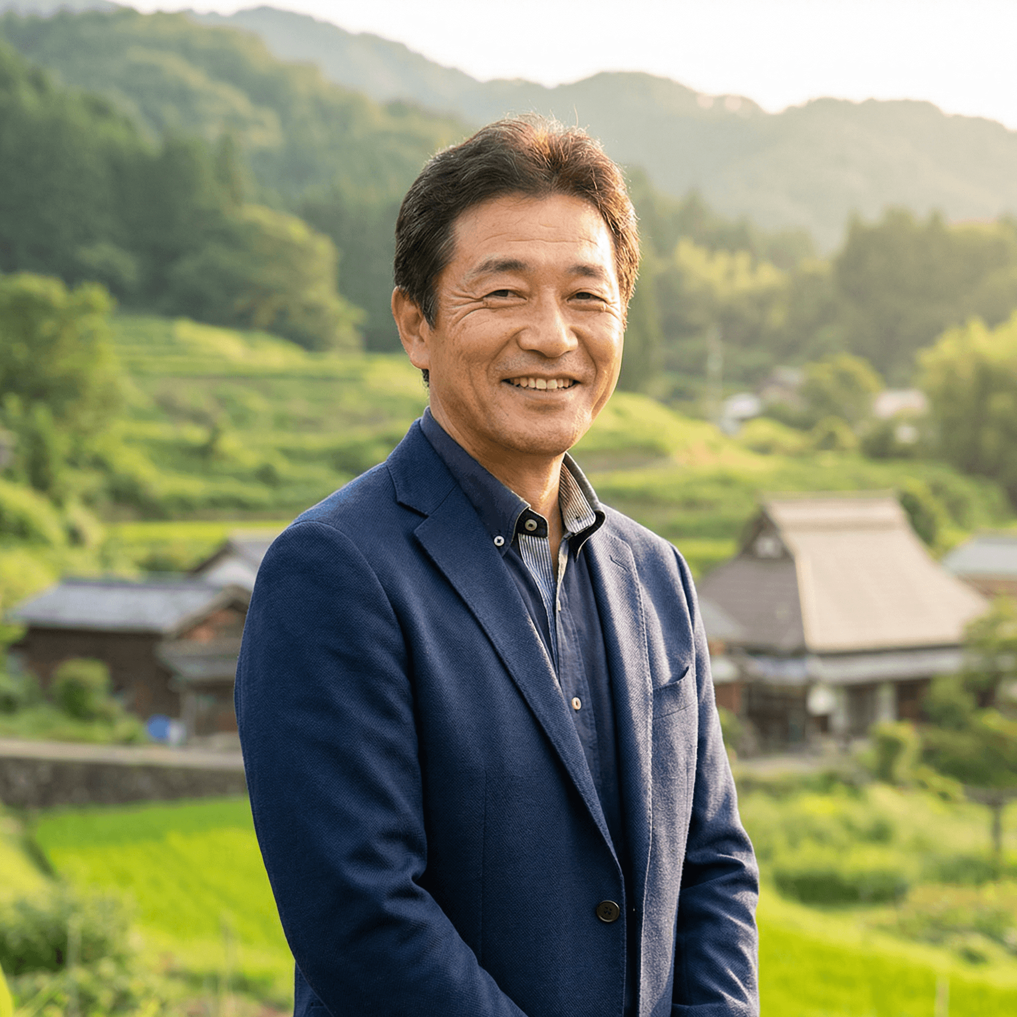 茨城県の風景を背景にした小野寺代表のバストアップ写真